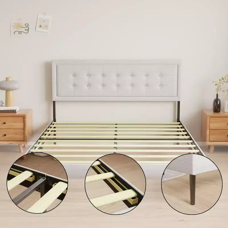 GDFStudio Vira Contemporary Iron Platform Bed Frame with Wooden Slats and Upholstered Headboard