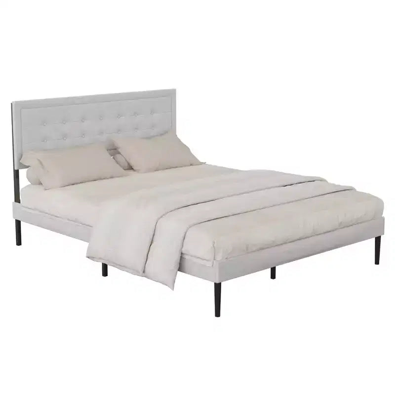 GDFStudio Vira Contemporary Iron Platform Bed Frame with Wooden Slats and Upholstered Headboard