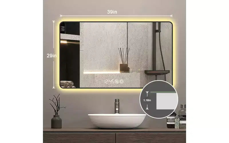 GDFStudio Rion Modern 39W Rectangular Vanity Mirror with Rounded Corners and 3 Lighting Modes