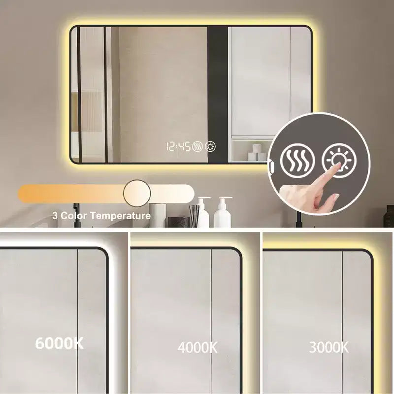 GDFStudio Rion Modern 39W Rectangular Vanity Mirror with Rounded Corners and 3 Lighting Modes