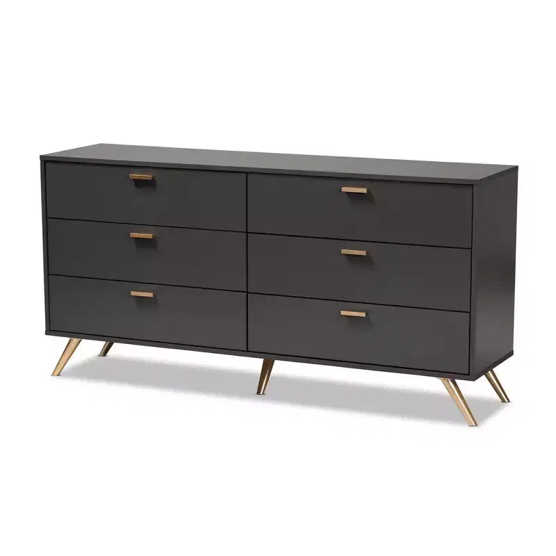 Kelson Wood 6 Drawer Dresser Dark Gray/Gold - Baxton Studio: Modern Storage Furniture for Bedroom