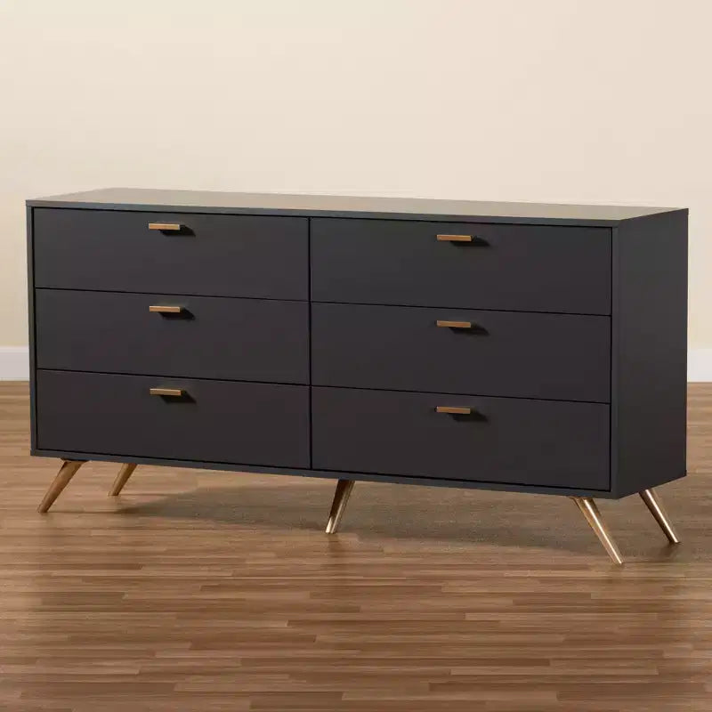 Kelson Wood 6 Drawer Dresser Dark Gray/Gold - Baxton Studio: Modern Storage Furniture for Bedroom
