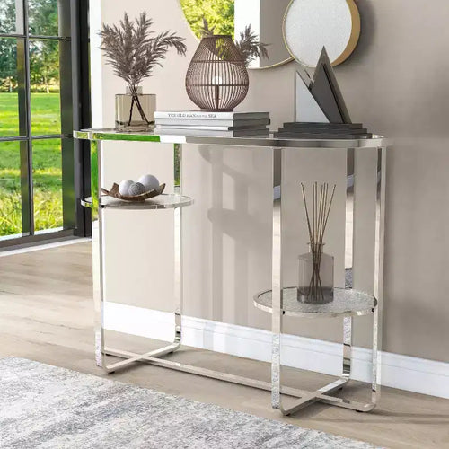 Calloun Glam 2 Shelf Sofa Table Chrome - HOMES: Inside + Out: Oval Tempered Glass Metal Frame