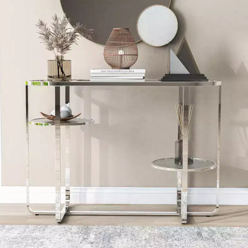 Calloun Glam 2 Shelf Sofa Table Chrome - HOMES: Inside + Out: Oval Tempered Glass Metal Frame