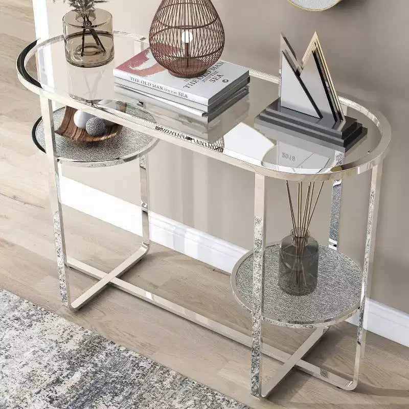 Calloun Glam 2 Shelf Sofa Table Chrome - HOMES: Inside + Out: Oval Tempered Glass Metal Frame