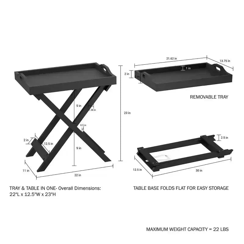 End Table with Removable Tray Top Black - Lavish Home: Folding Portable 22lb Capacity Modern Style