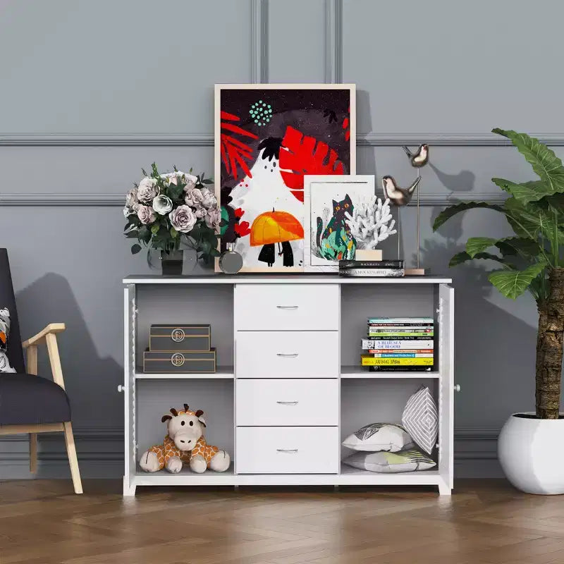 HOMCOM 47 Modern Storage Cabinet Buffet Sideboard with Drawers and Louvered Doors- White