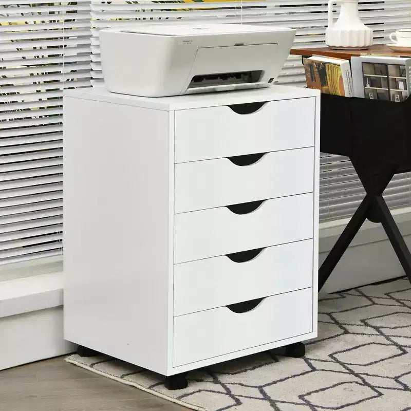 Costway 5 Drawer Dresser Storage Cabinet Chest w/Wheels for Home Office White