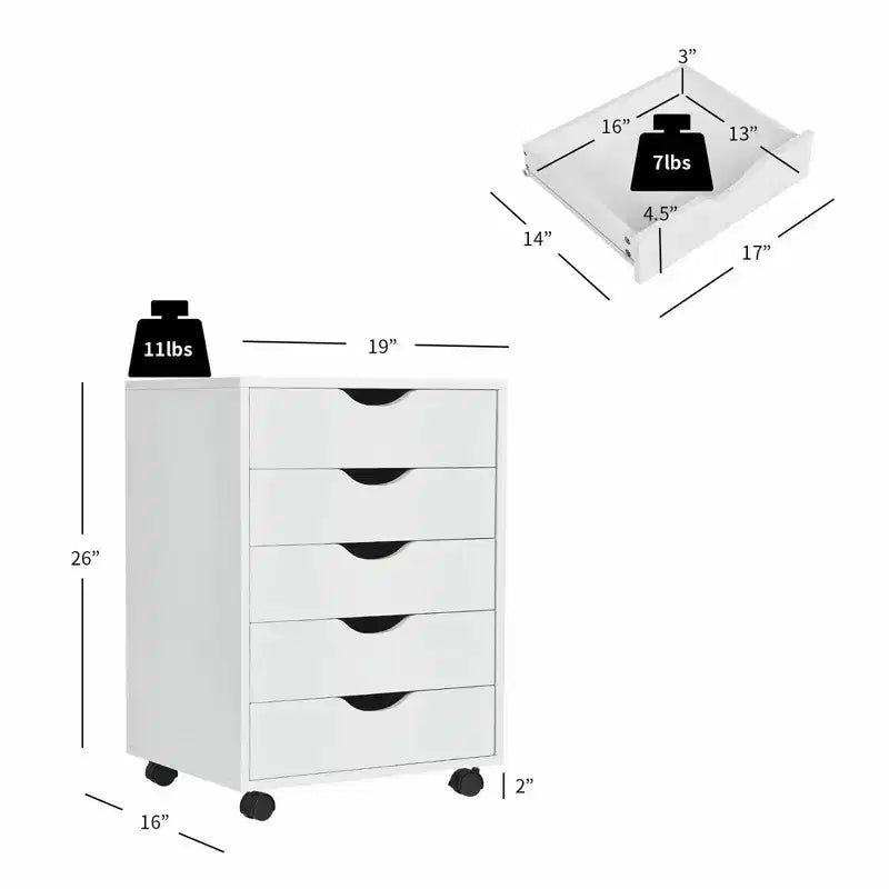 Costway 5 Drawer Dresser Storage Cabinet Chest w/Wheels for Home Office White