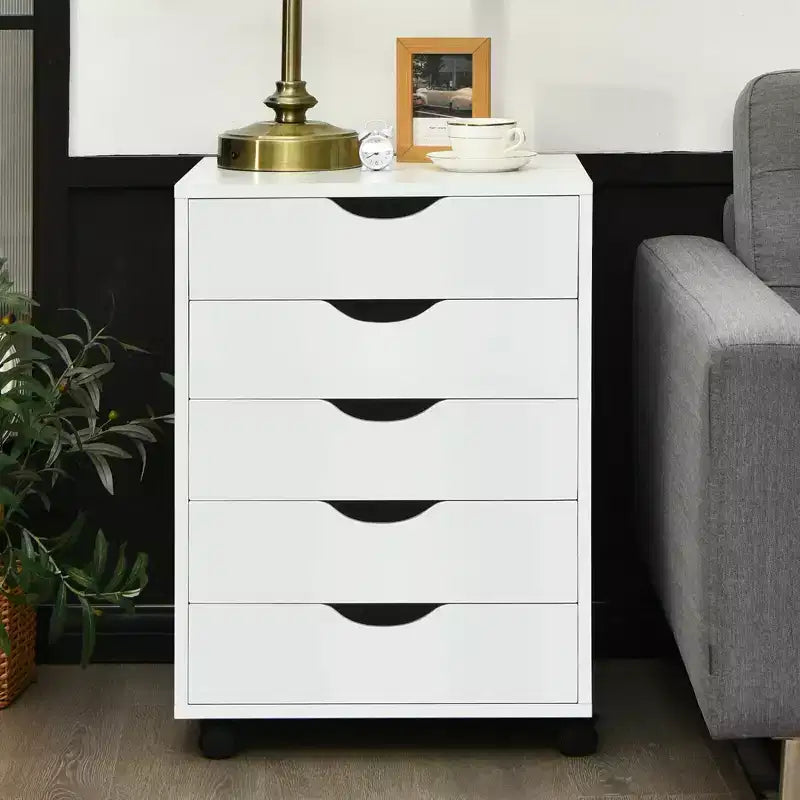 Costway 5 Drawer Dresser Storage Cabinet Chest w/Wheels for Home Office White