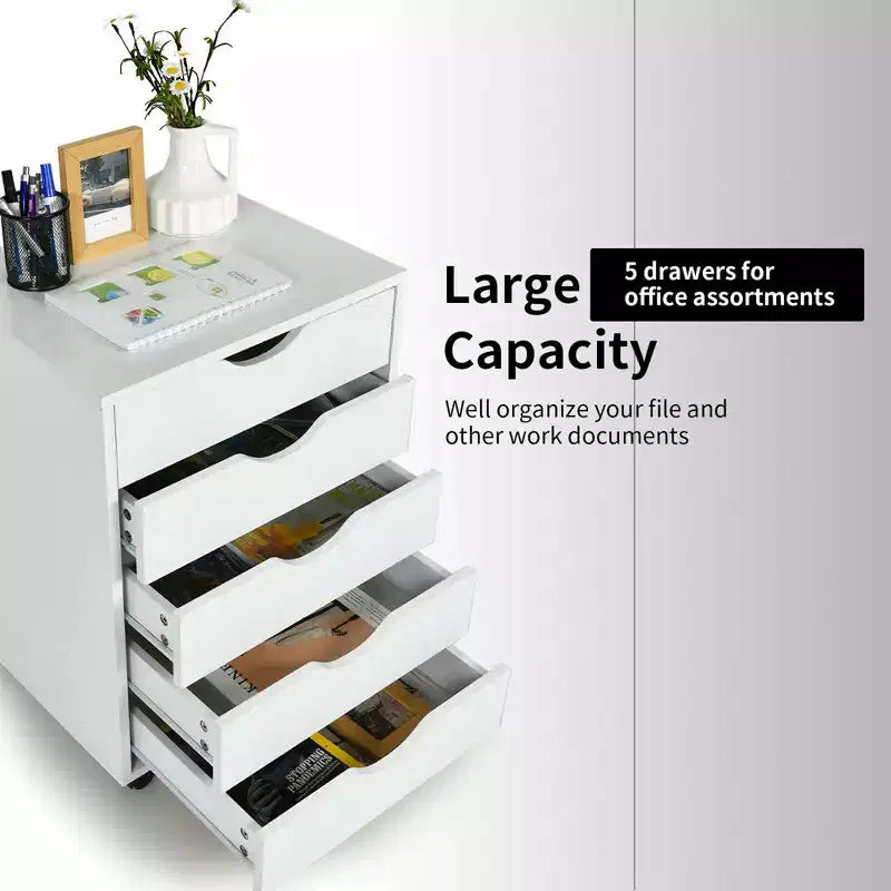 Costway 5 Drawer Dresser Storage Cabinet Chest w/Wheels for Home Office White