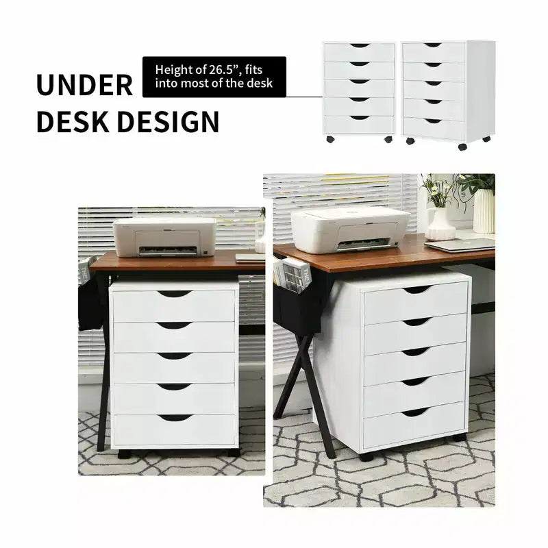 Costway 5 Drawer Dresser Storage Cabinet Chest w/Wheels for Home Office White