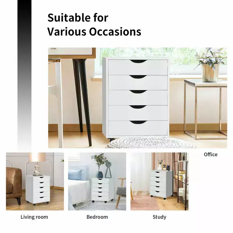 Costway 5 Drawer Dresser Storage Cabinet Chest w/Wheels for Home Office White