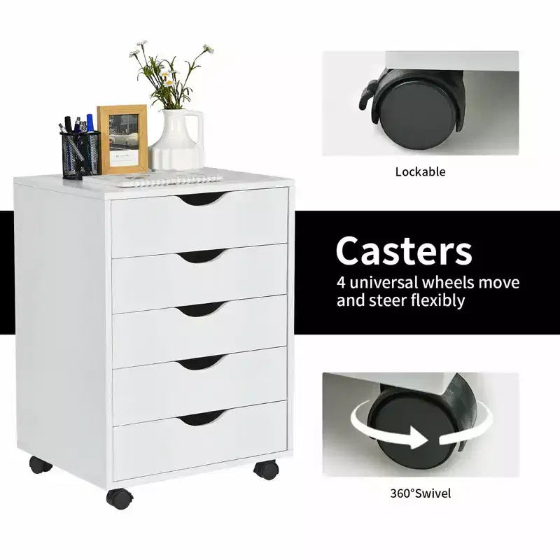 Costway 5 Drawer Dresser Storage Cabinet Chest w/Wheels for Home Office White