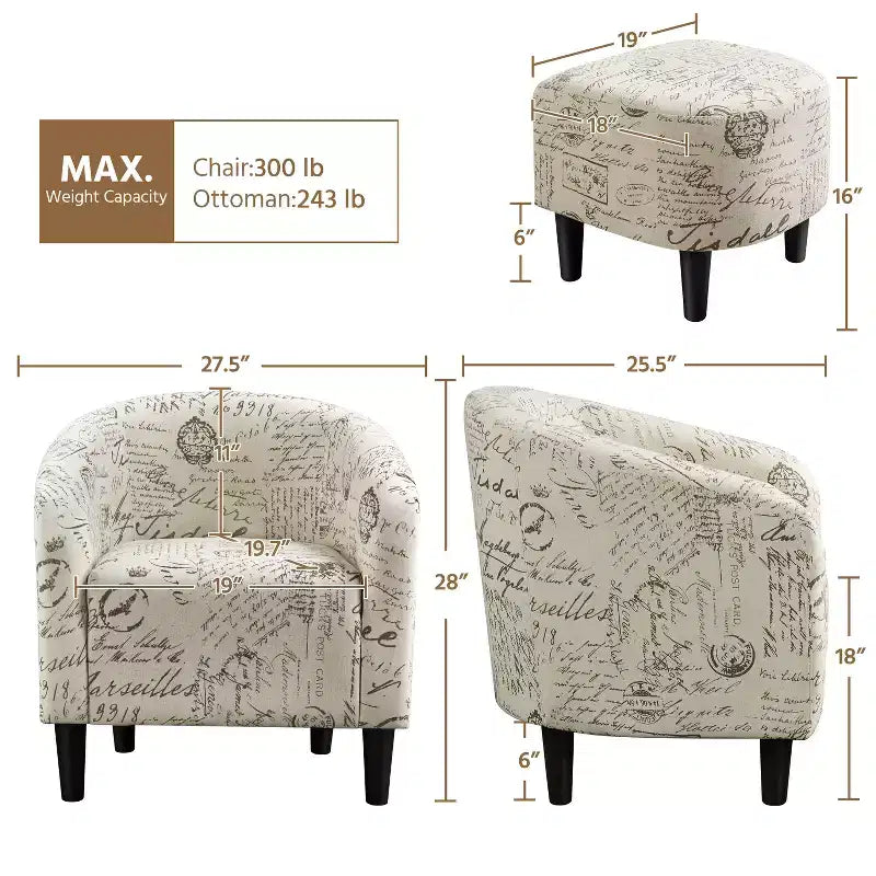 Yaheetech Fabric Upholstered Accent/Barrel Chair and Ottoman Set for Living Room