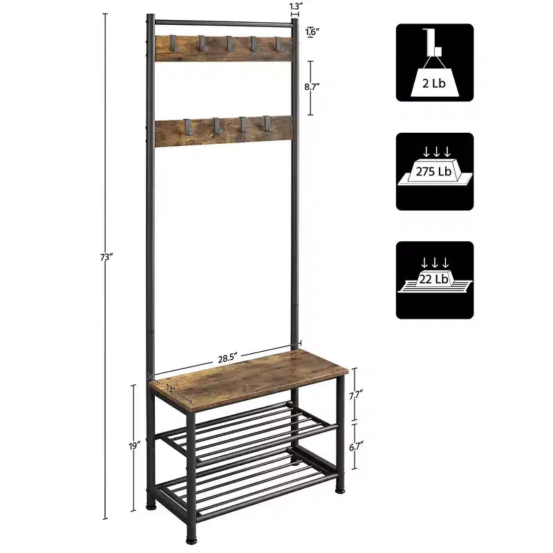 Yaheetech 73H Metal Hall Tree with Shoe Storage Bench Coat Rack with 9 Movable Hooks Entryway Coat Rack
