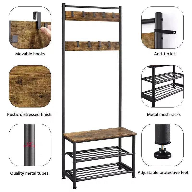 Yaheetech 73H Metal Hall Tree with Shoe Storage Bench Coat Rack with 9 Movable Hooks Entryway Coat Rack
