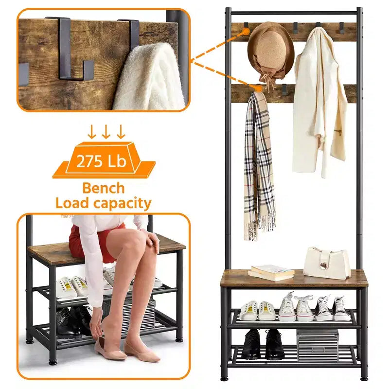 Yaheetech 73H Metal Hall Tree with Shoe Storage Bench Coat Rack with 9 Movable Hooks Entryway Coat Rack