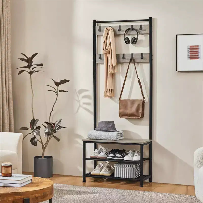 Yaheetech 73H Metal Hall Tree with Shoe Storage Bench Coat Rack with 9 Movable Hooks Entryway Coat Rack