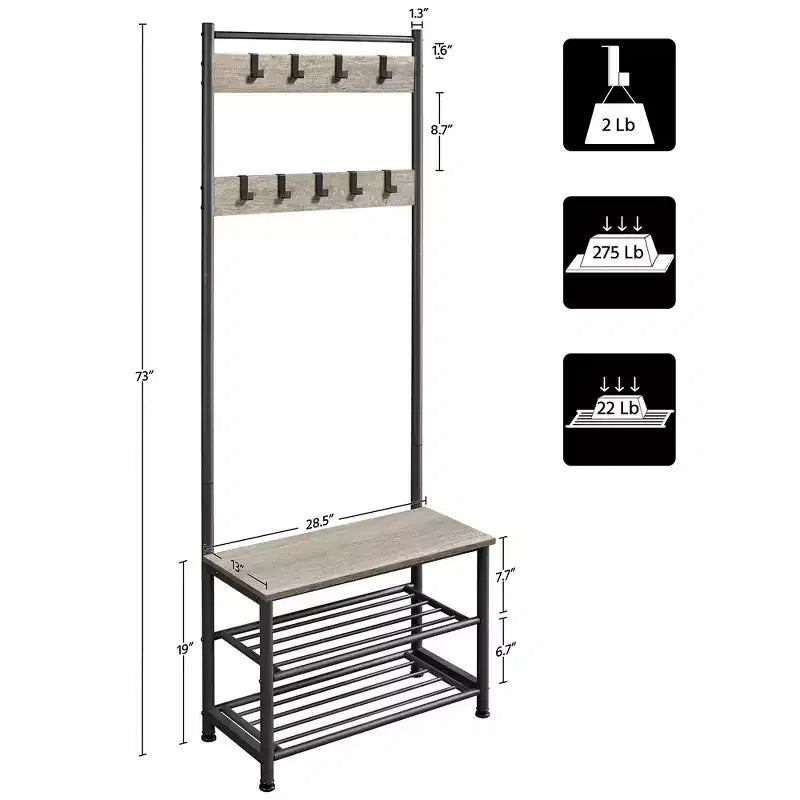 Yaheetech 73H Metal Hall Tree with Shoe Storage Bench Coat Rack with 9 Movable Hooks Entryway Coat Rack