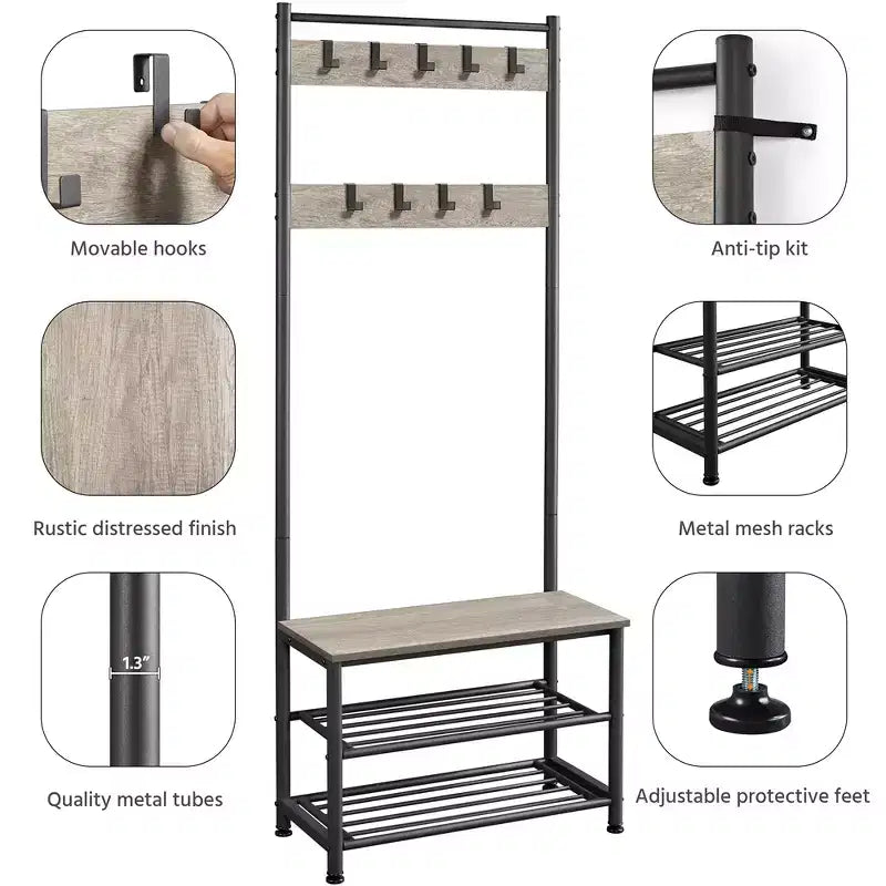 Yaheetech 73H Metal Hall Tree with Shoe Storage Bench Coat Rack with 9 Movable Hooks Entryway Coat Rack