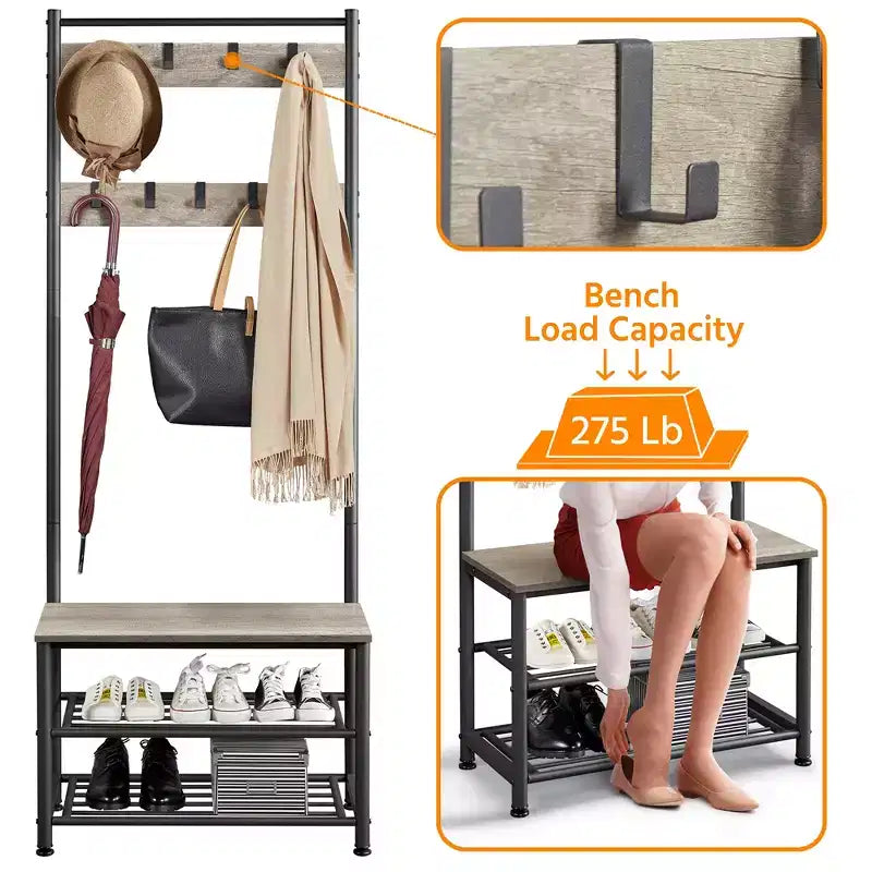 Yaheetech 73H Metal Hall Tree with Shoe Storage Bench Coat Rack with 9 Movable Hooks Entryway Coat Rack
