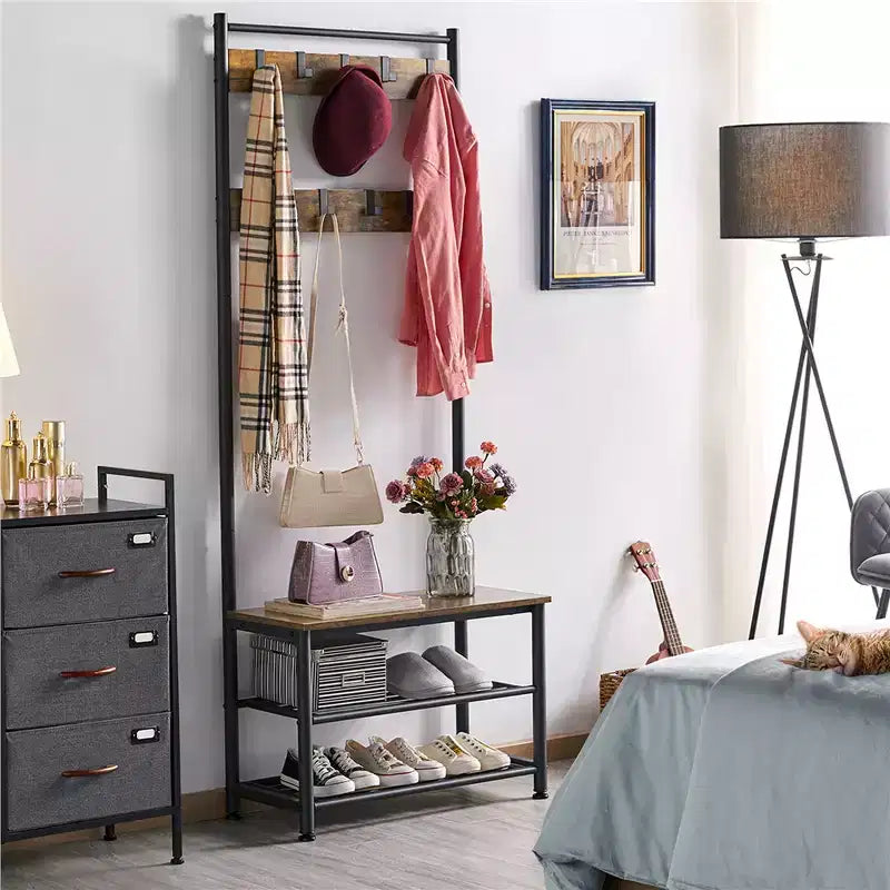 Yaheetech 73H Metal Hall Tree with Shoe Storage Bench Coat Rack with 9 Movable Hooks Entryway Coat Rack